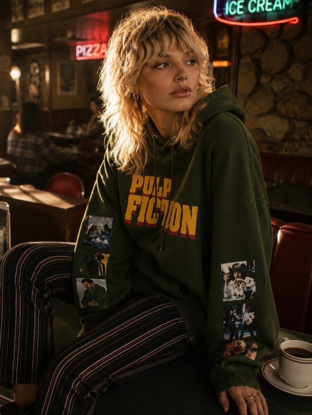 Urban Outfitters Pulp Fiction Graphic Crewneck Hoodie - Olive Green